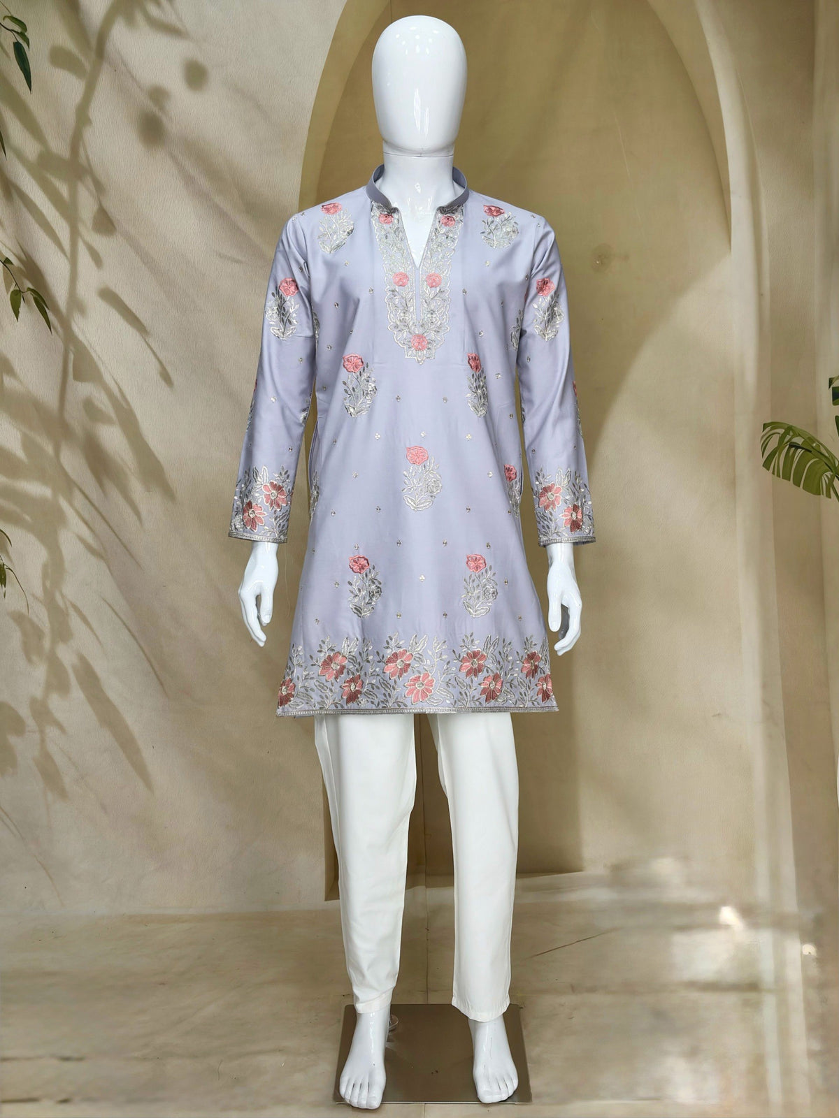 Light Lavender / Ice Blue Coach Silk Multi-Sequence Embroidered Men's Kurta Set