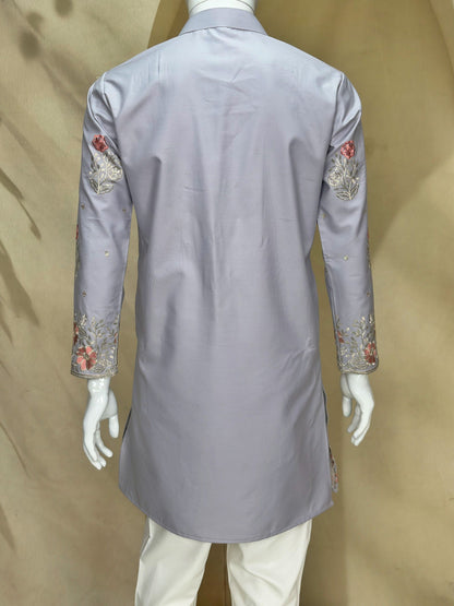 Light Lavender / Ice Blue Coach Silk Multi-Sequence Embroidered Men's Kurta Set