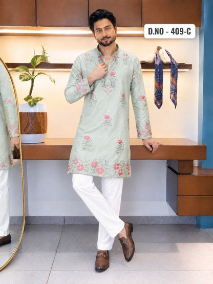 Pista Green Coach Silk Multi-Sequence & Zari Embroidered Men's Kurta Set