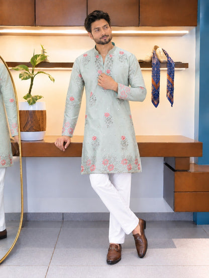 Pista Green Coach Silk Multi-Sequence & Zari Embroidered Men's Kurta Set