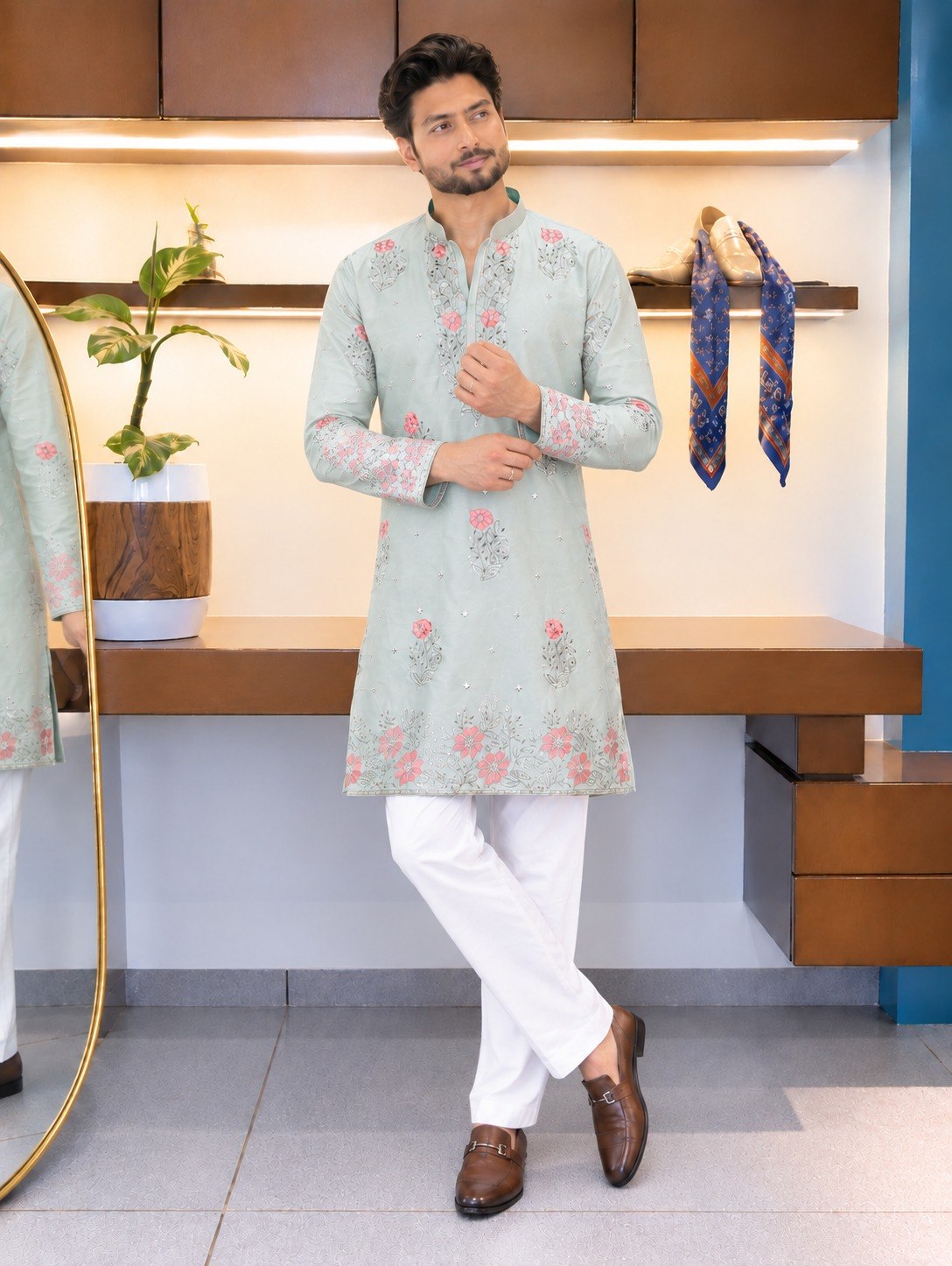 Pista Green Coach Silk Multi-Sequence & Zari Embroidered Men's Kurta Set