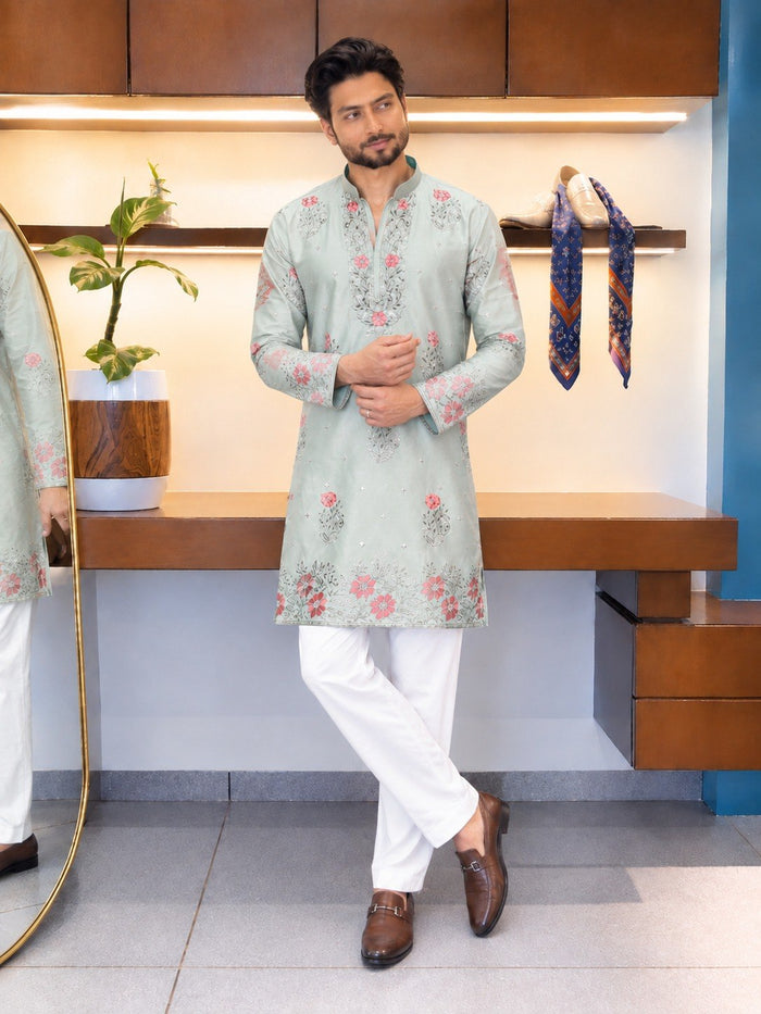 Pista Green Coach Silk Multi-Sequence & Zari Embroidered Men's Kurta Set