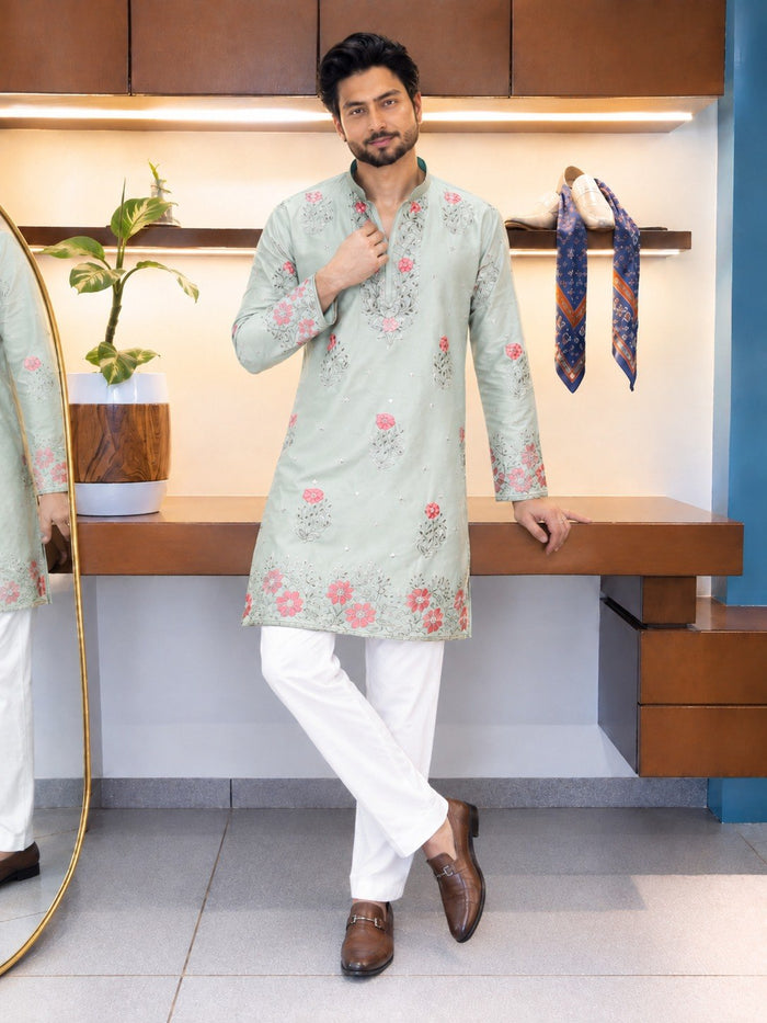Pista Green Coach Silk Multi-Sequence & Zari Embroidered Men's Kurta Set