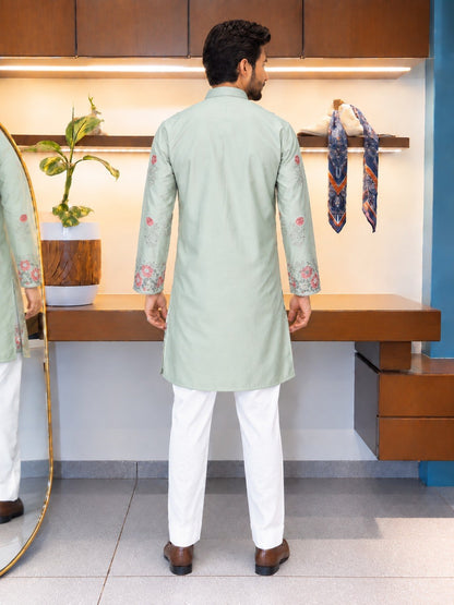 Pista Green Coach Silk Multi-Sequence & Zari Embroidered Men's Kurta Set