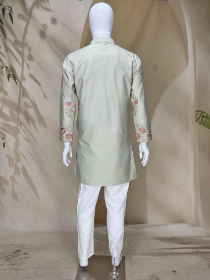 Pista Green Coach Silk Multi-Sequence & Zari Embroidered Men's Kurta Set