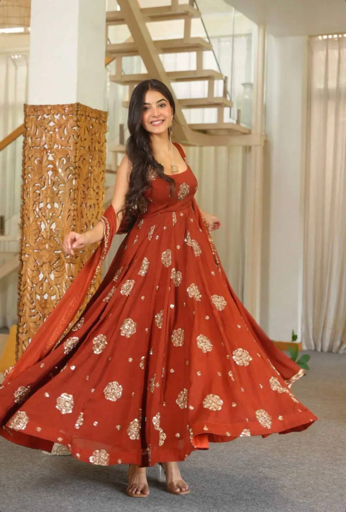 Step Into Elegance: Fully Stitched Doremon Crush Designer Orange Gown Set