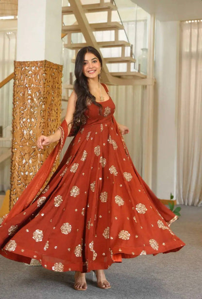 Step Into Elegance: Fully Stitched Doremon Crush Designer Orange Gown Set