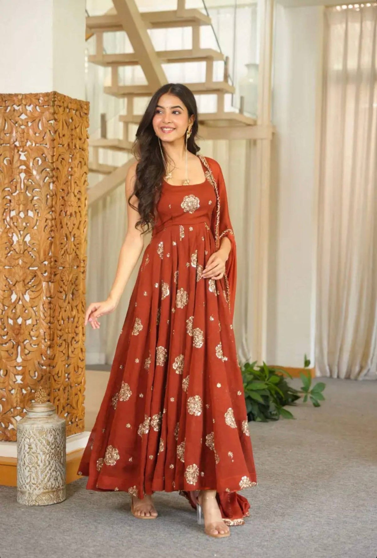 Step Into Elegance: Fully Stitched Doremon Crush Designer Orange Gown Set