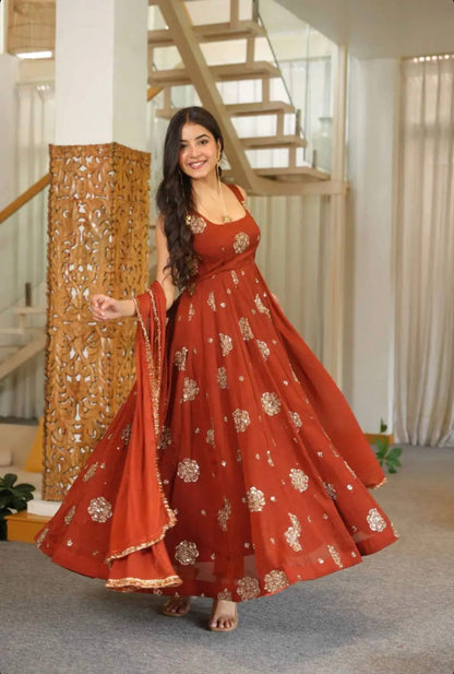 Step Into Elegance: Fully Stitched Doremon Crush Designer Orange Gown Set