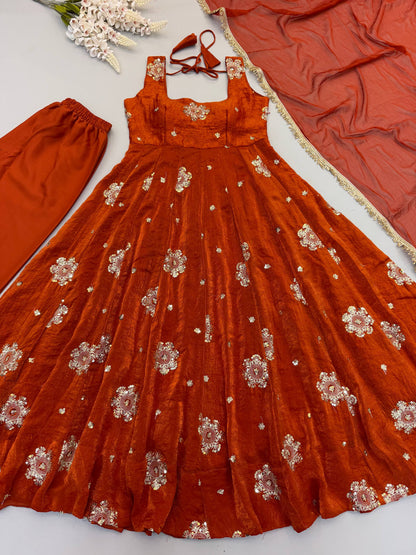 Step Into Elegance: Fully Stitched Doremon Crush Designer Orange Gown Set