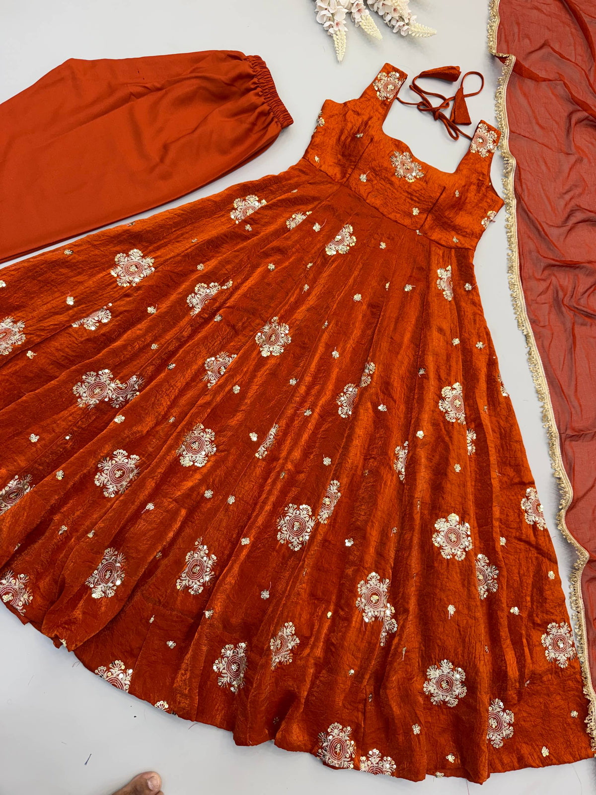 Step Into Elegance: Fully Stitched Doremon Crush Designer Orange Gown Set
