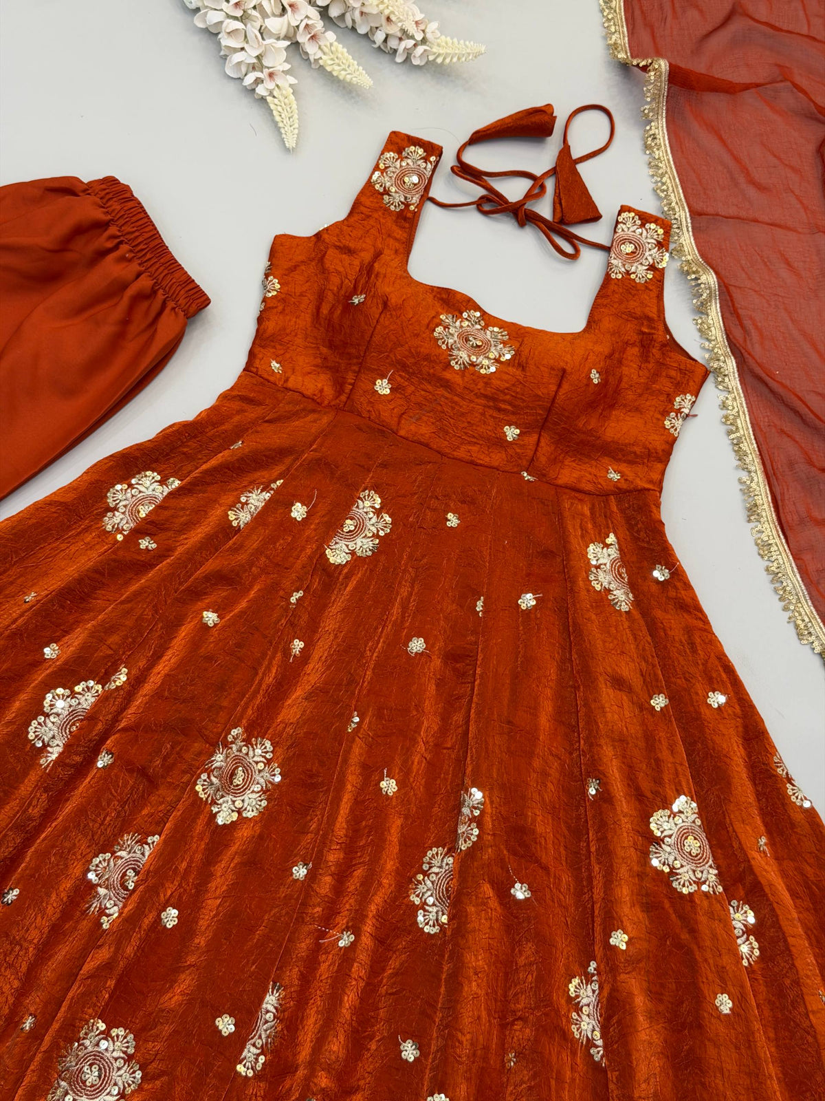 Step Into Elegance: Fully Stitched Doremon Crush Designer Orange Gown Set
