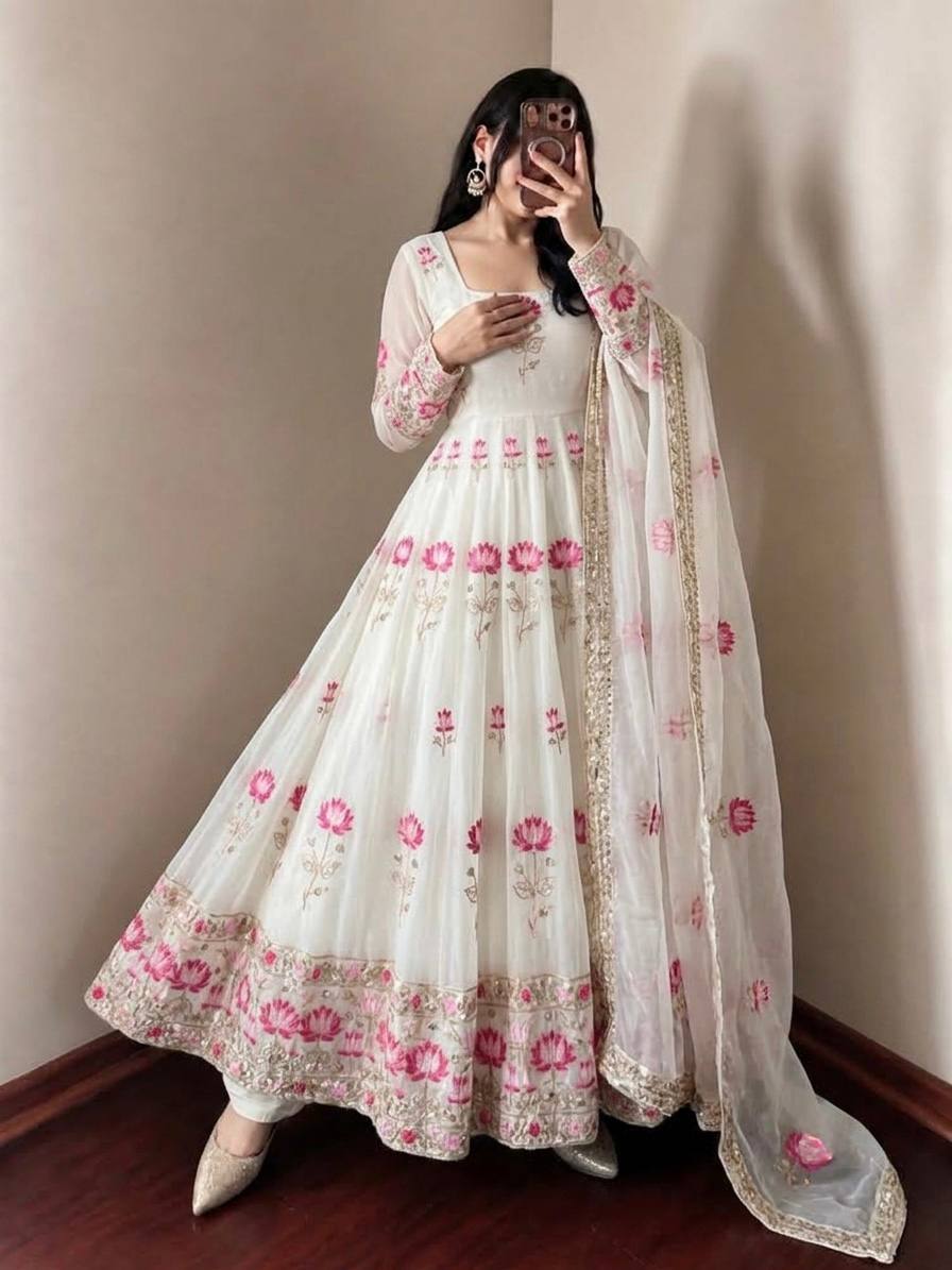 Women's White Fendy Silk Flared Gown Set with Heavy Sequence Embroidery Dupatta
