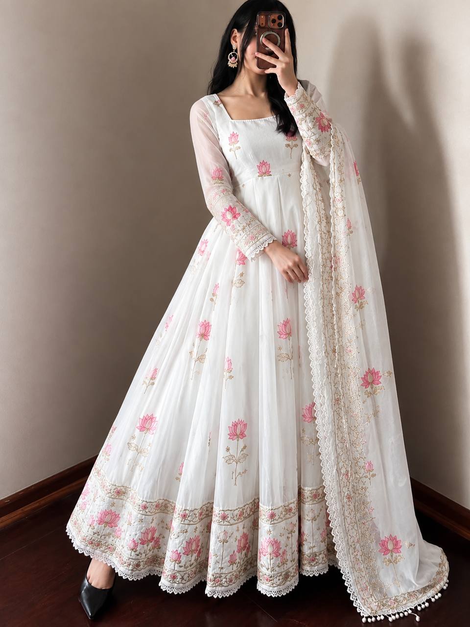 Women's White Fendy Silk Flared Gown Set with Heavy Sequence Embroidery Dupatta