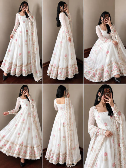 Women's White Fendy Silk Flared Gown Set with Heavy Sequence Embroidery Dupatta