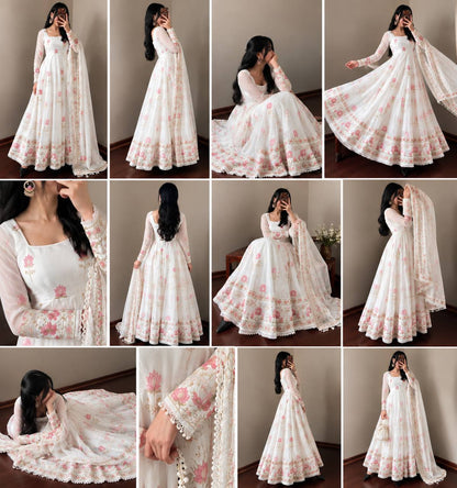 Women's White Fendy Silk Flared Gown Set with Heavy Sequence Embroidery Dupatta