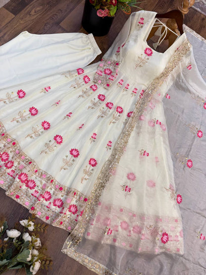 Women's White Fendy Silk Flared Gown Set with Heavy Sequence Embroidery Dupatta