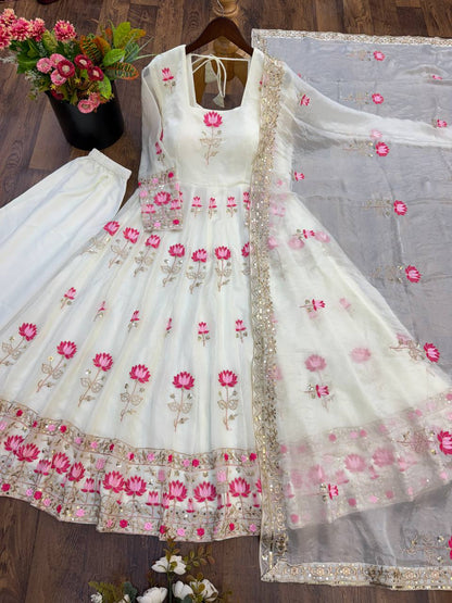 Women's White Fendy Silk Flared Gown Set with Heavy Sequence Embroidery Dupatta