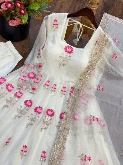 Women's White Fendy Silk Flared Gown Set with Heavy Sequence Embroidery Dupatta