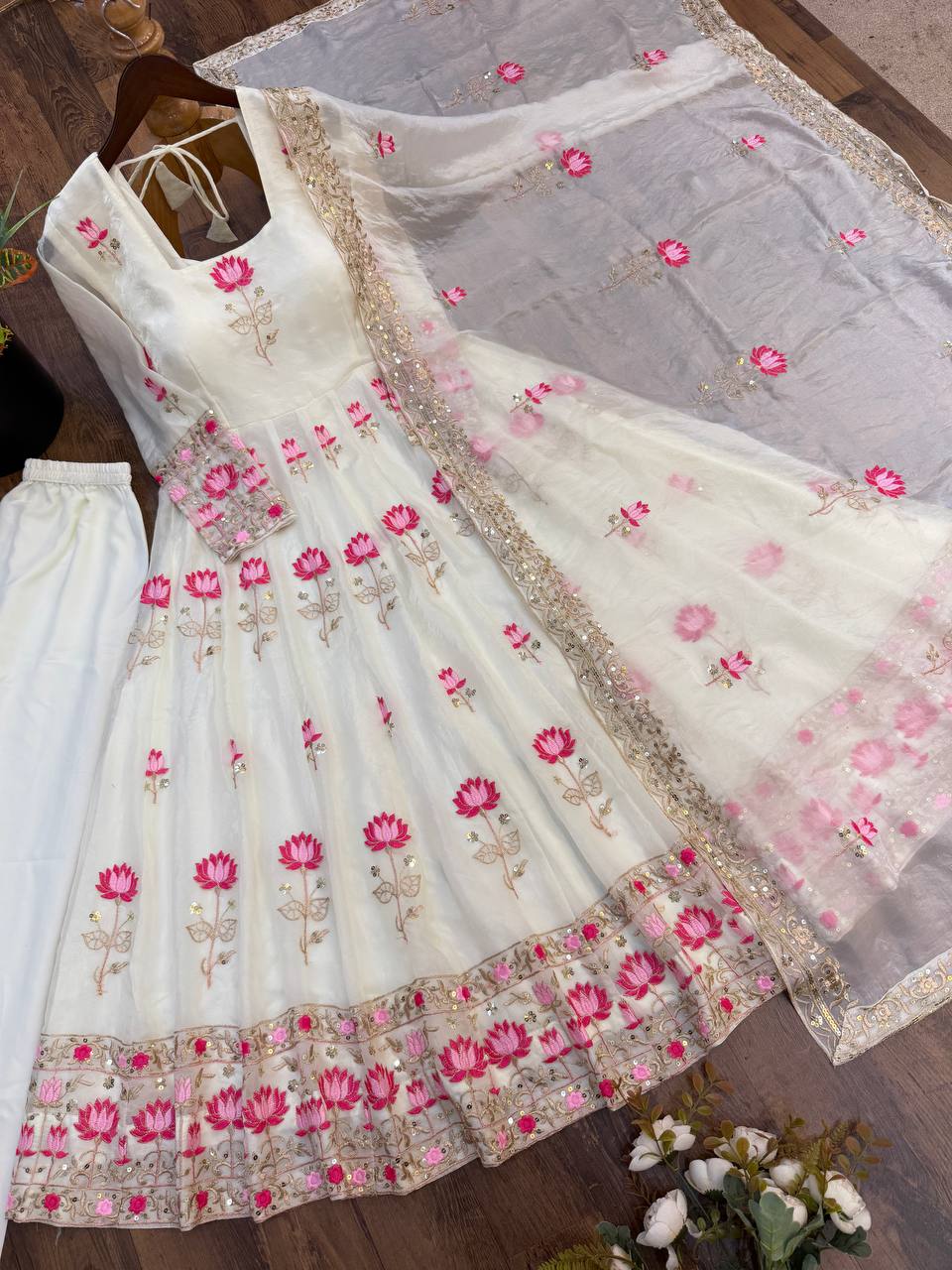 Women's White Fendy Silk Flared Gown Set with Heavy Sequence Embroidery Dupatta
