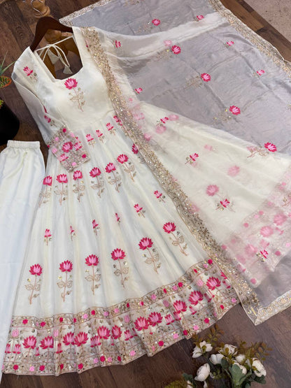Women's White Fendy Silk Flared Gown Set with Heavy Sequence Embroidery Dupatta