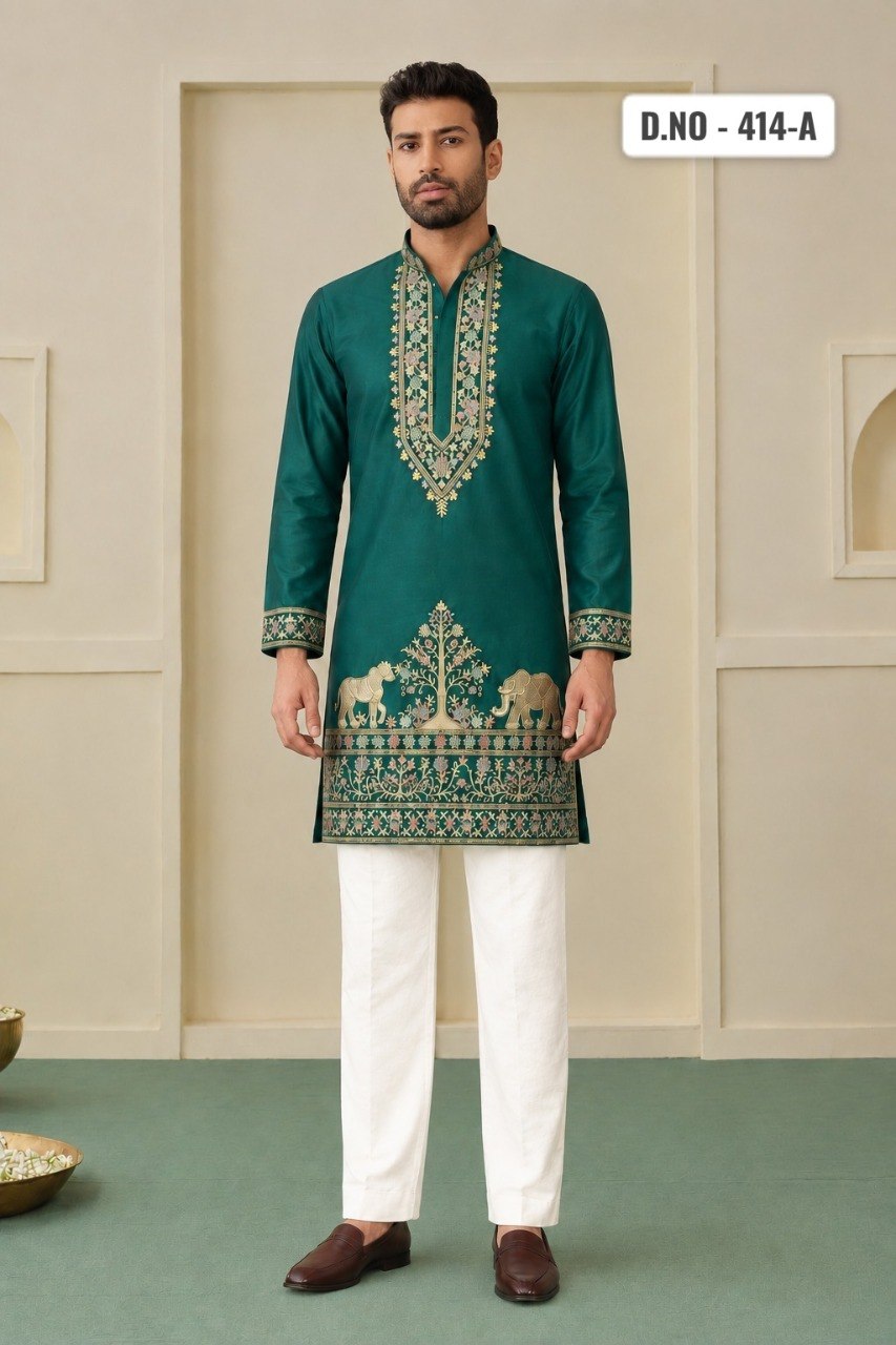 Teal Green Coach Silk Multi-Sequence & Zari Embroidered Men's Kurta Pant Set