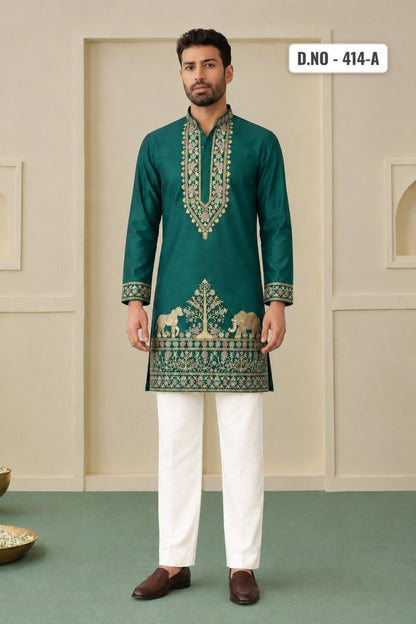 Teal Green Coach Silk Multi-Sequence & Zari Embroidered Men's Kurta Pant Set