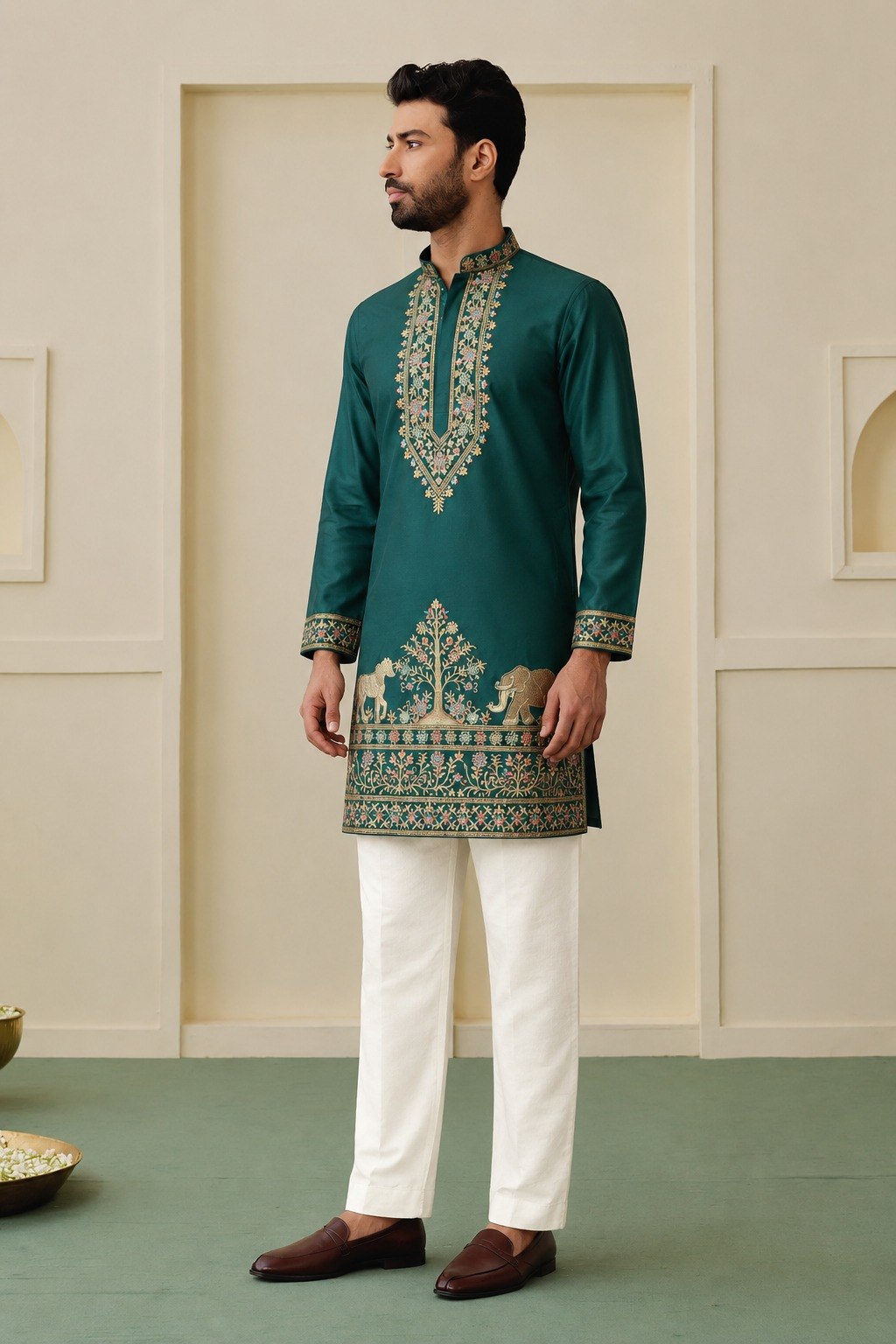 Teal Green Coach Silk Multi-Sequence & Zari Embroidered Men's Kurta Pant Set
