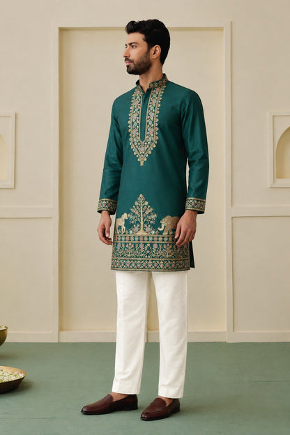 Teal Green Coach Silk Multi-Sequence & Zari Embroidered Men's Kurta Pant Set