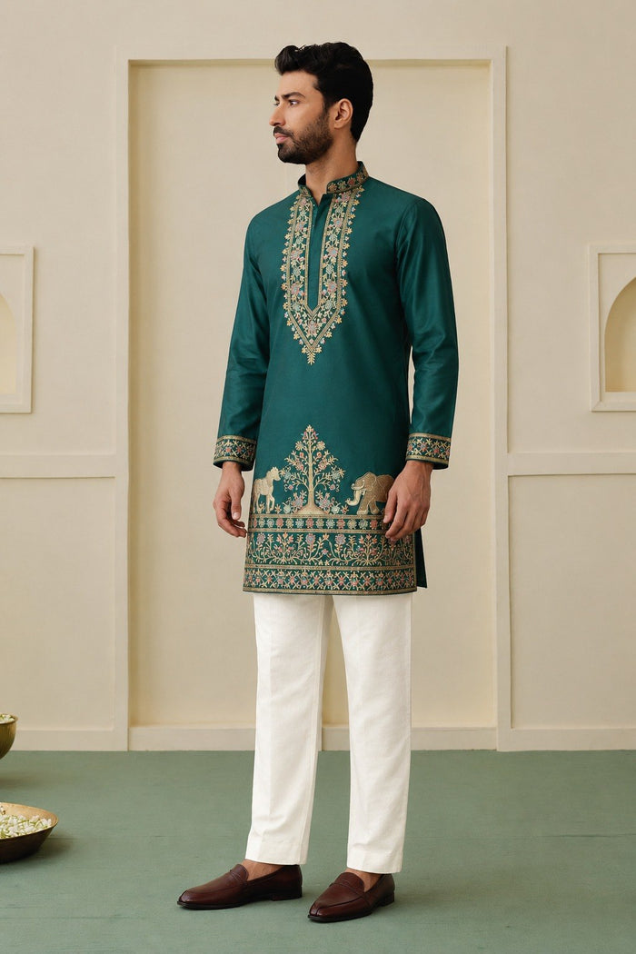 Teal Green Coach Silk Multi-Sequence & Zari Embroidered Men's Kurta Pant Set