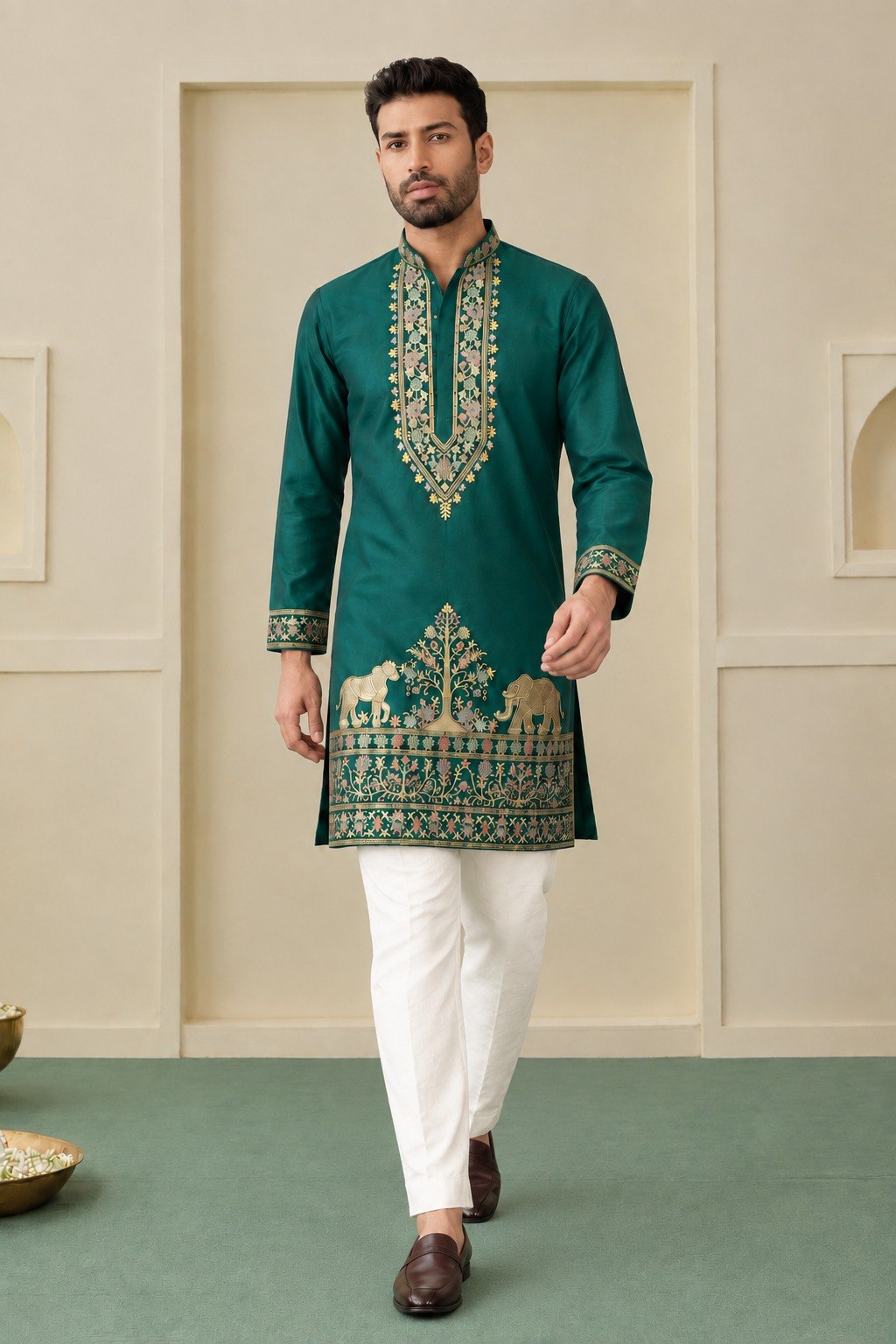 Teal Green Coach Silk Multi-Sequence & Zari Embroidered Men's Kurta Pant Set
