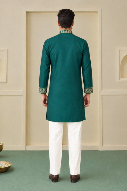 Teal Green Coach Silk Multi-Sequence & Zari Embroidered Men's Kurta Pant Set