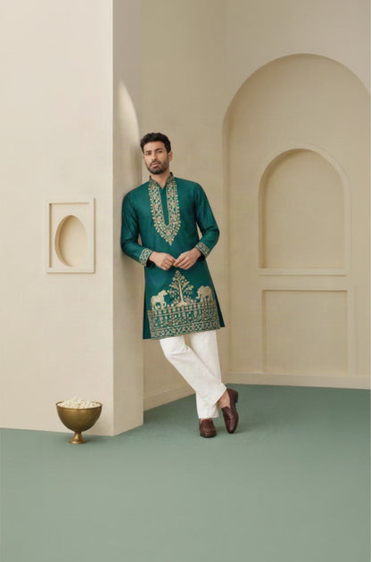 Teal Green Coach Silk Multi-Sequence & Zari Embroidered Men's Kurta Pant Set