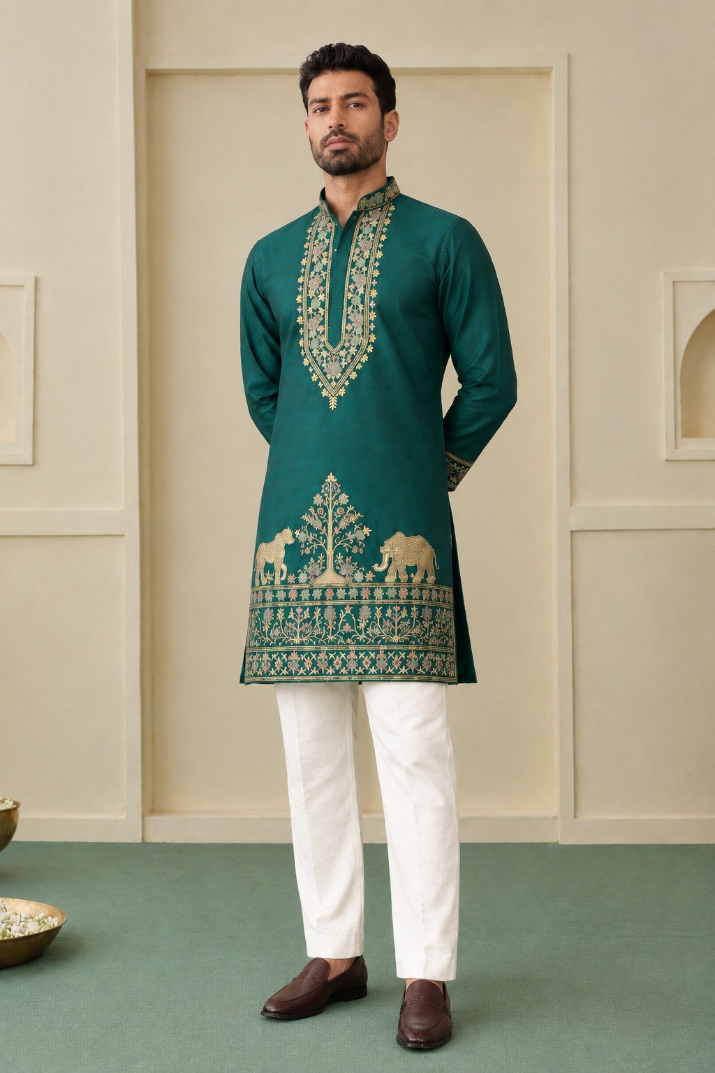 Teal Green Coach Silk Multi-Sequence & Zari Embroidered Men's Kurta Pant Set