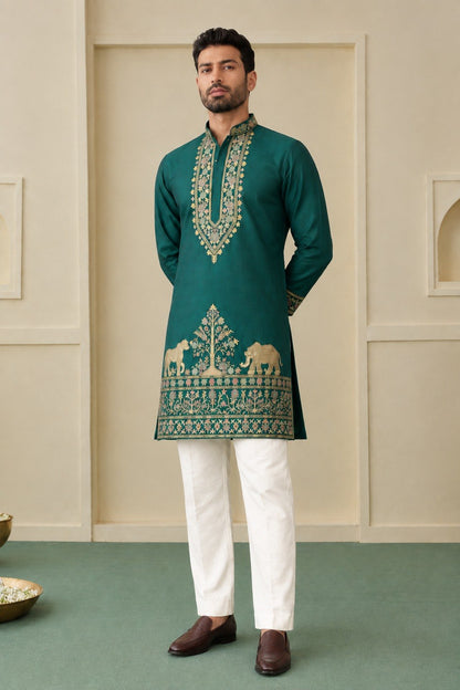 Teal Green Coach Silk Multi-Sequence & Zari Embroidered Men's Kurta Pant Set