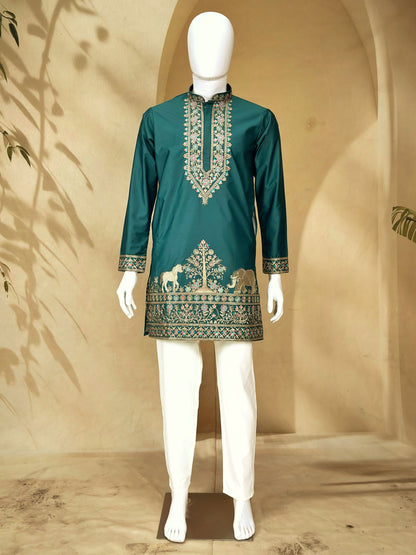 Teal Green Coach Silk Multi-Sequence & Zari Embroidered Men's Kurta Pant Set