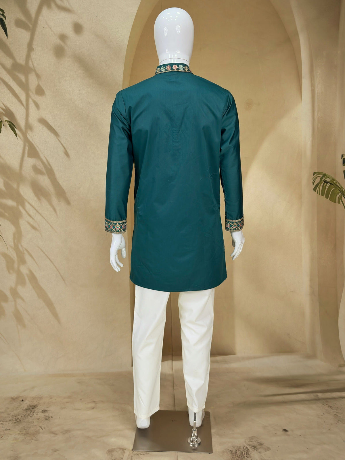 Teal Green Coach Silk Multi-Sequence & Zari Embroidered Men's Kurta Pant Set