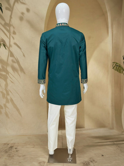 Teal Green Coach Silk Multi-Sequence & Zari Embroidered Men's Kurta Pant Set