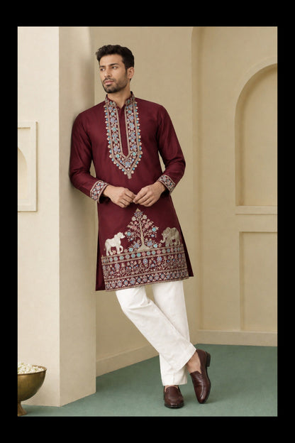 Maroon Coach Silk Multi-Sequence & Zari Embroidered Men's Kurta Pant Set