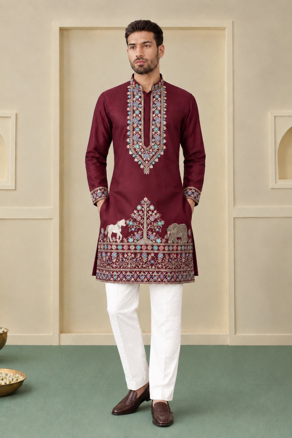 Maroon Coach Silk Multi-Sequence & Zari Embroidered Men's Kurta Pant Set