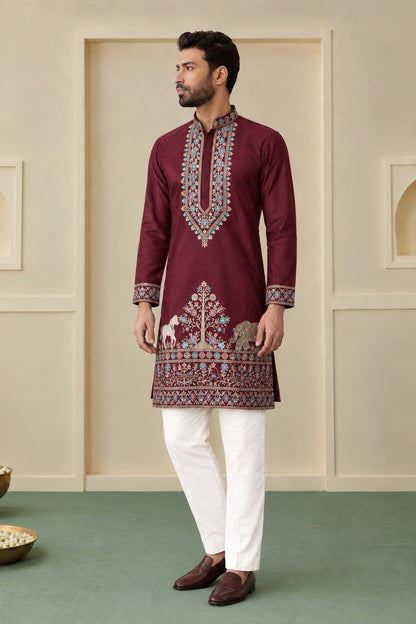 Maroon Coach Silk Multi-Sequence & Zari Embroidered Men's Kurta Pant Set
