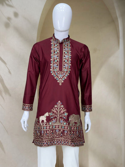 Maroon Coach Silk Multi-Sequence & Zari Embroidered Men's Kurta Pant Set