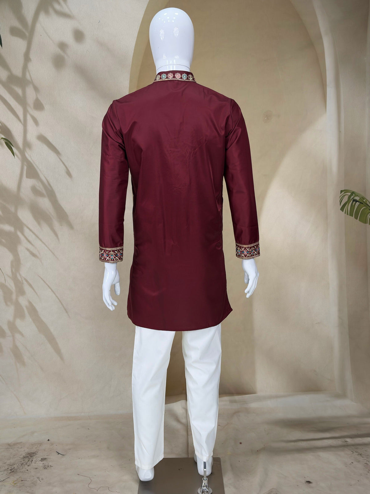 Maroon Coach Silk Multi-Sequence & Zari Embroidered Men's Kurta Pant Set