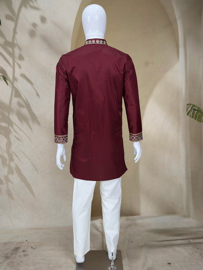 Maroon Coach Silk Multi-Sequence & Zari Embroidered Men's Kurta Pant Set