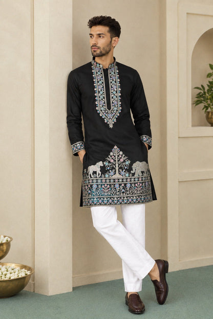 Black Coach Silk Sequence & Zari Embroidered Men's Kurta Set