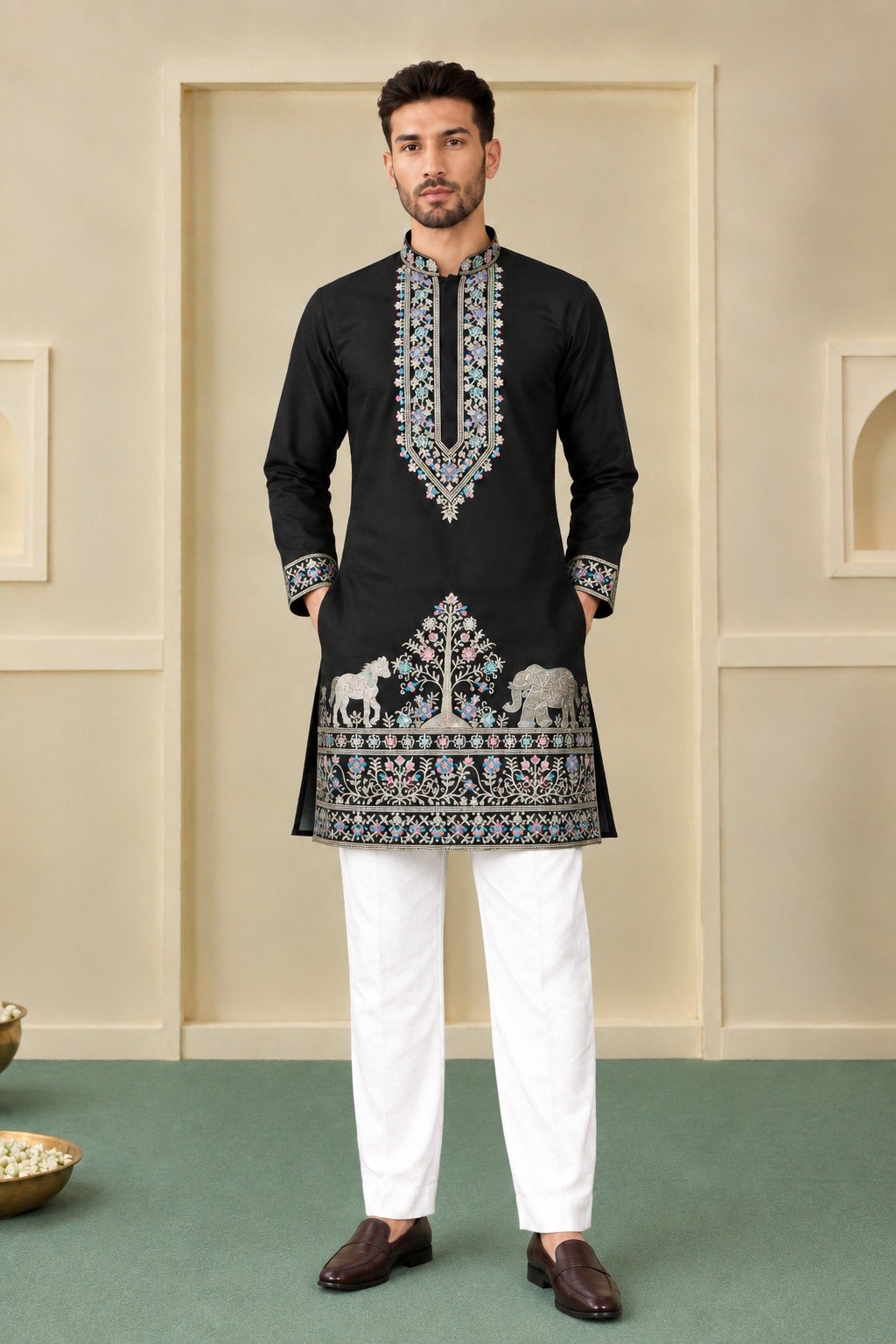 Black Coach Silk Sequence & Zari Embroidered Men's Kurta Set