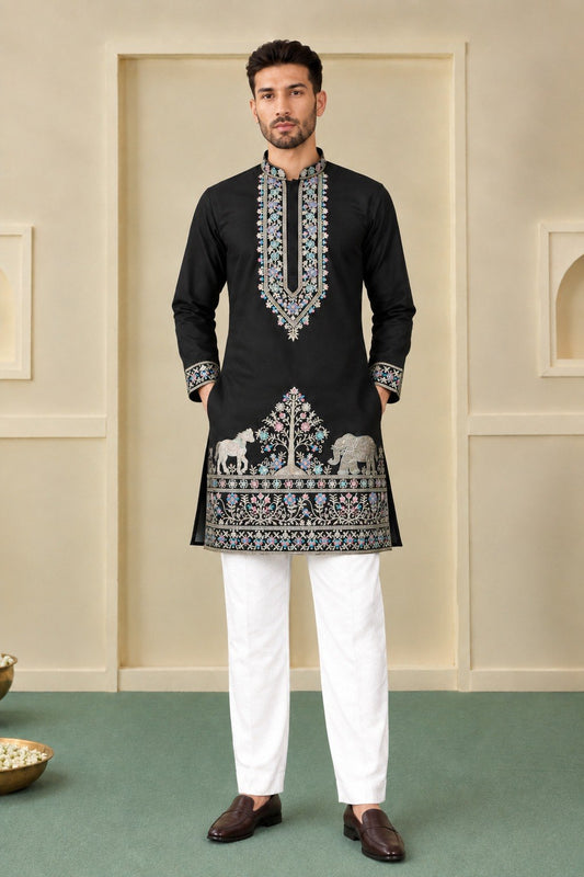 Black Coach Silk Sequence & Zari Embroidered Men's Kurta Set