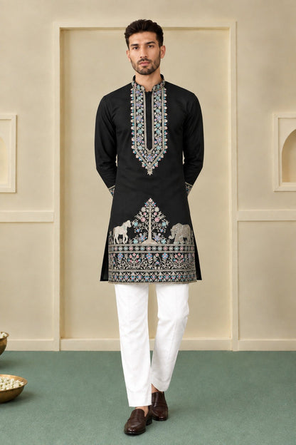 Black Coach Silk Sequence & Zari Embroidered Men's Kurta Set