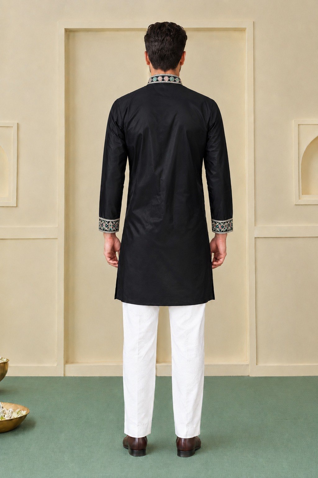 Black Coach Silk Sequence & Zari Embroidered Men's Kurta Set