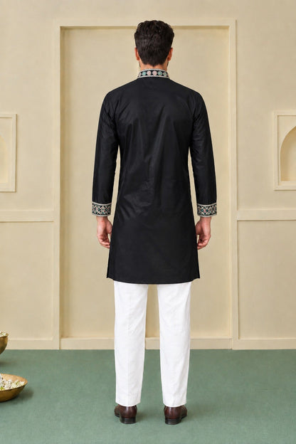 Black Coach Silk Sequence & Zari Embroidered Men's Kurta Set